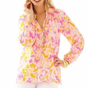 Lilly Pulitzer Elsa Silk Blouse Ooh La La Pink Yellow Floral Top M
